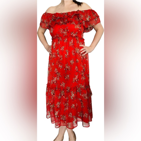 Zara Off-Shoulder Chiffon Floral Midi Dress size M - Picture 1 of 11